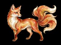 Stylized fox with flowing, ornate tail featuring warm orange and gold tones, isolated on transparent background. Ready for t-shirt design, clipart, stickers, sublimation, and print-on-demand projects.