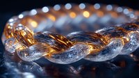 Glowing glass chain links with warm golden light effects on dark background for luxury jewelry and connection concepts.
