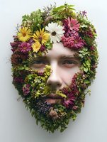 Face adorned with natural floral beard and crown featuring colorful daisies, wildflowers, and fresh greenery against white background, creating surreal botanical portrait.