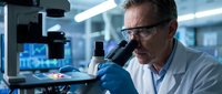 Middle-aged Caucasian male scientist in white lab coat and safety glasses examining samples through microscope in modern research laboratory facility.