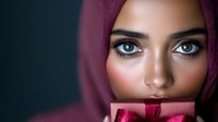 Young Middle Eastern woman wearing burgundy hijab with intense gaze and dramatic makeup holds fabric near lips against dark background, beauty portrait.