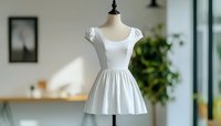 White cotton summer dress with cap sleeves and gathered skirt on mannequin in bright interior setting with natural window light and green plant decor.