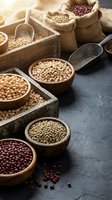 Assorted legumes and pulses including chickpeas, lentils, and beans displayed in wooden bowls and burlap sacks with metal scoops on dark surface for cooking and nutrition content.