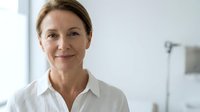 Professional mature Caucasian businesswoman in white shirt smiling confidently in modern office environment for corporate and business presentations.