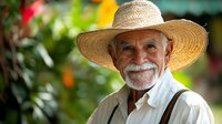 Elderly Caucasian man with white mustache wearing straw hat and suspenders smiling warmly in colorful garden setting for lifestyle and retirement concepts.