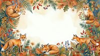 Autumn forest frame with red foxes among colorful fall foliage, berries and leaves creating decorative border for seasonal design projects.