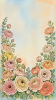 Watercolor ranunculus flowers frame with soft pastel background for wedding invitations, greeting cards and romantic designs.