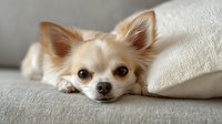 Adorable cream-colored Chihuahua dog resting on gray sofa with white pillow, looking directly at camera with expressive eyes.