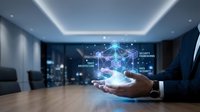 Businessman hand presenting holographic network connections in modern office boardroom for technology and digital transformation concepts.