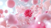 Pink spherical particles with crystalline texture floating in misty atmosphere against blurred background, microscopic view of molecular structures in soft rosy tones.