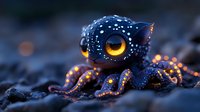 Luminescent blue octopus with glowing yellow eyes and spotted pattern resting on dark rocky surface, magical underwater creature illuminated by bioluminescent spots.