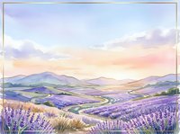 Lavender field landscape at sunset with rolling hills and mountains in distance, featuring purple flowering plants in foreground and warm golden light across sky, suitable for travel, nature, and wellness design projects.