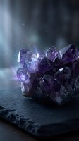 Purple amethyst crystal cluster on dark slate surface with mystical light rays and sparkles for spiritual healing meditation and gemstone therapy.