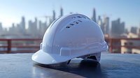 White safety helmet on construction site with urban skyline background for engineering and building industry projects.