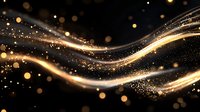 Magical golden light waves with glowing particles and bokeh effect on black background, creating luxurious abstract design for festive celebrations.