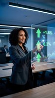 Woman with curly dark hair and medium skin tone, wearing dark blazer, interacting with holographic financial data display showing green growth arrows and percentage increases in modern office environment.