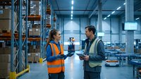 Two warehouse workers in safety vests discussing logistics operations in modern distribution center with shelving systems and industrial lighting.