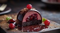 Chocolate mousse dessert with cherry filling and fresh berries on dark background. Elegant pastry cut to show layered texture and glossy mirror glaze.