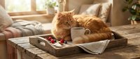 Ginger cat resting on wooden tray with coffee cup, berries and notebook in cozy home interior with natural sunlight and warm decor.