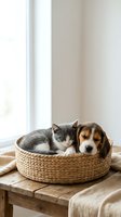 Adorable kitten and beagle puppy sleeping together in wicker basket by sunny window on wooden table with soft blanket creating cozy home scene.