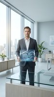 Professional businessman in modern office holding digital tablet displaying legal tech efficiency interface with city skyline view through windows.