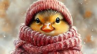 Adorable yellow duckling wearing pink knitted winter hat and cozy scarf, looking directly at viewer with bright eyes against snowy bokeh background.