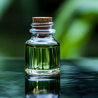Small glass bottle with cork stopper containing green essential oil or elixir on reflective surface against blurred natural background. Aromatherapy concept.