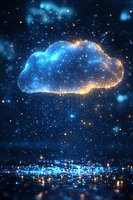 Glowing digital cloud with streaming data particles and light effects against dark background, symbolizing cloud computing and network connectivity.