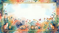 Watercolor cat frame with playful kittens, paw prints, fish bones, hearts, and floral swirls, leaving blank center space for text or design.