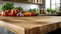 Rustic wooden kitchen counter corner with fresh vegetables and herbs in background, natural oak grain texture in foreground. Modern home cooking space setup.