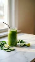 Fresh green smoothie in mason jar with metal straw surrounded by spinach leaves, cucumber slices and lime wedges on marble counter near window.