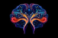 Vibrant butterfly-shaped brain illustration with swirling cosmic patterns in blue, orange and pink against black background, featuring intricate neural pathways and starry details.