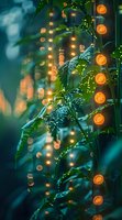 Magical garden scene with water droplets on green leaves illuminated by warm string lights creating dreamy bokeh effect against dark teal background.