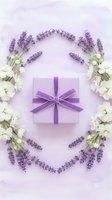 Purple gift box with ribbon surrounded by lavender flowers and white blooms on soft lilac background for special occasions and celebrations.