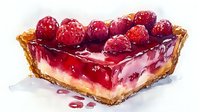 Fresh raspberry tart slice with creamy filling and crispy pastry base, topped with whole berries and glossy red jelly glaze in watercolor style.
