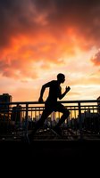 Silhouette of male athlete running on urban rooftop bridge at sunset with dramatic orange sky and city skyline backdrop for fitness and wellness content.
