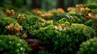Crystal clear water droplet on vibrant green moss in forest, reflecting autumn trees and nature in miniature world. Forest floor macro photography.