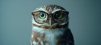 Wise owl wearing retro eyeglasses against teal background, close-up portrait showing intelligent expression and detailed feathers in moody lighting.