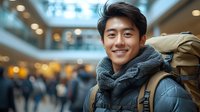 Young Asian male traveler with backpack smiling at camera in busy shopping mall. Wearing winter jacket and scarf. Blurred crowd and warm lighting in background.