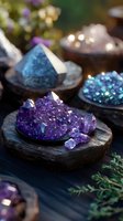 Purple amethyst crystal clusters on wooden plates with blue minerals and healing stones arranged in mystical altar setting with soft bokeh lights and herbs.