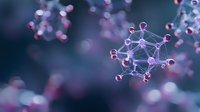 Molecular structure visualization in purple and pink tones against dark blue background shows scientific concept of atoms and chemical bonds.