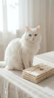 White fluffy cat with heterochromia eyes sitting on bed next to vintage letters bundle in soft natural light creating cozy domestic atmosphere.
