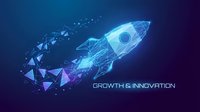 Glowing low poly rocket launching upward with geometric particles on dark blue background, symbolizing growth and innovation in technology.