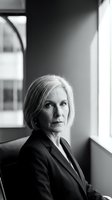 Mature woman with short gray hair wearing dark blazer seated indoors near window in monochrome portrait for corporate and professional business use.