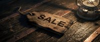 Rustic wooden sale tag on dark vintage planks with antique lantern, evoking old-fashioned market charm for retail and promotion designs.