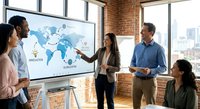 Professional diverse business team analyzing global market data on large display screen in modern brick office space during strategic planning meeting.
