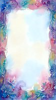 Watercolor floral frame with ornate swirls and roses in vibrant rainbow colors, blank center space for text or design elements, artistic border decoration.