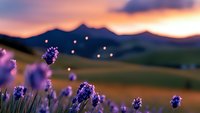 Lavender flowers blooming in field at sunset with mountain landscape background. Purple wildflowers in golden hour light for aromatherapy and wellness concepts.