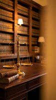 Golden scales of justice on wooden desk in law library with legal books for attorney office and courthouse professional services.