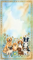 Watercolor dog breeds group with golden retriever, pug, pomeranian, beagle, dachshund and border collie on decorative frame background.
